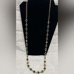 Chico's Remey Gold Tone Link Chain Necklace Green Black Stones Gold Balls